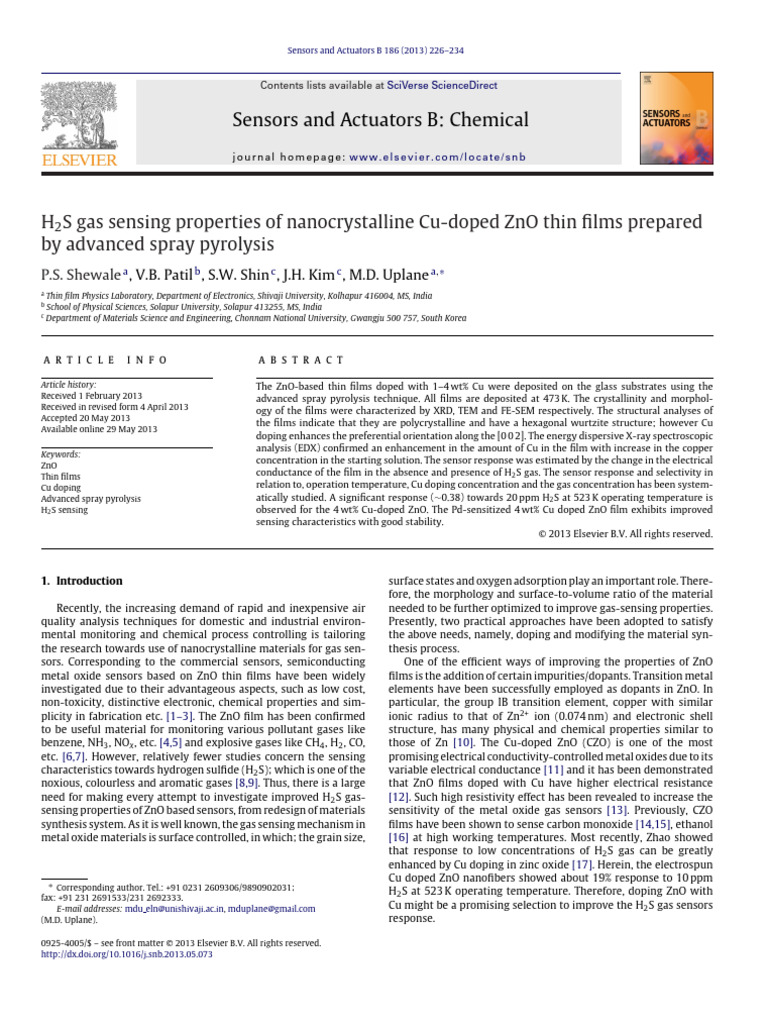 Cu-Doped ZnO Thin Films for H2S Sensing | PDF | Zinc Oxide | Thin Film