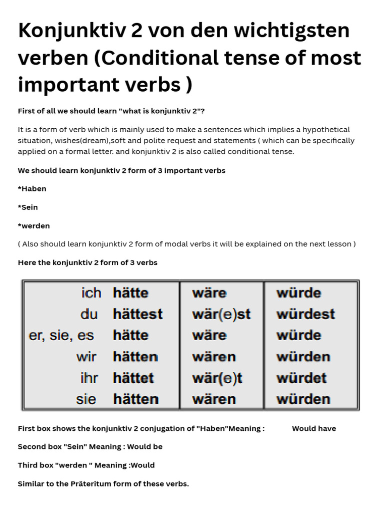 Konjunktiv 2: Essential Verbs Explained | PDF | Verb | Language Mechanics