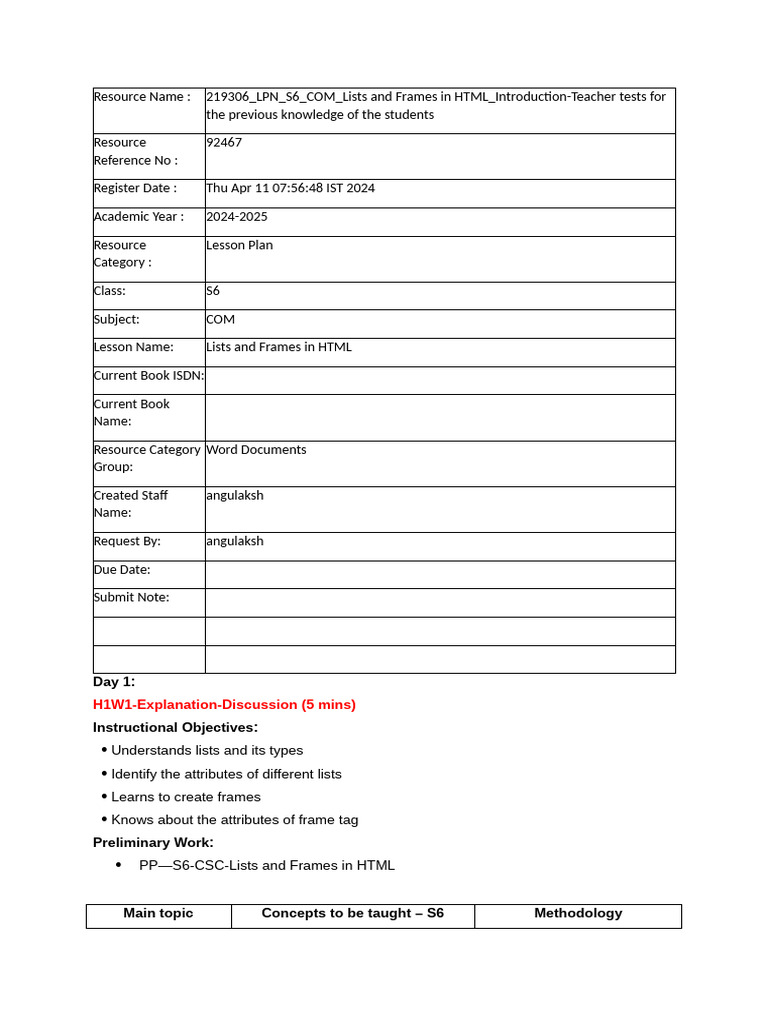 HTML Lists and Frames Lesson Plan | PDF