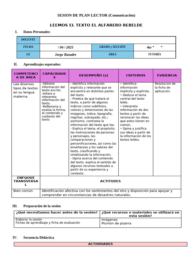 Plan Lector: El Alfarero Rebelde | PDF | Comprensión lectora | Aprendizaje
