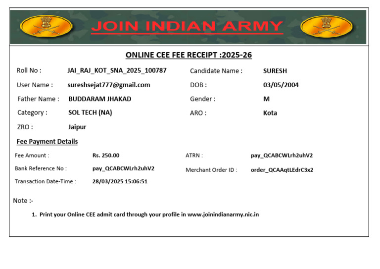 Online CEE Fee Receipt 2025-26 | PDF