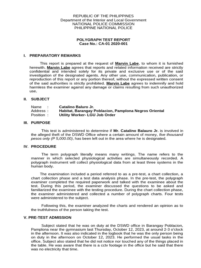 Polygraph Test Report for Theft Case | PDF | Polygraph