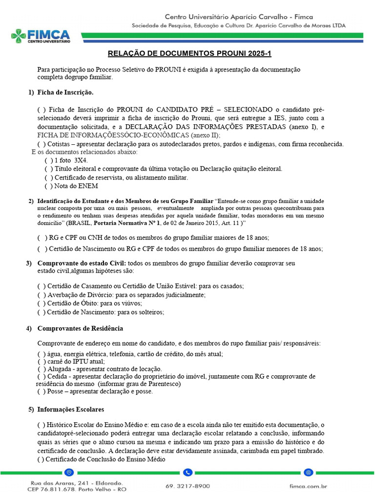 Documentos Necessários PROUNI 2025-1 | PDF | Imposto de Renda | Deficiência