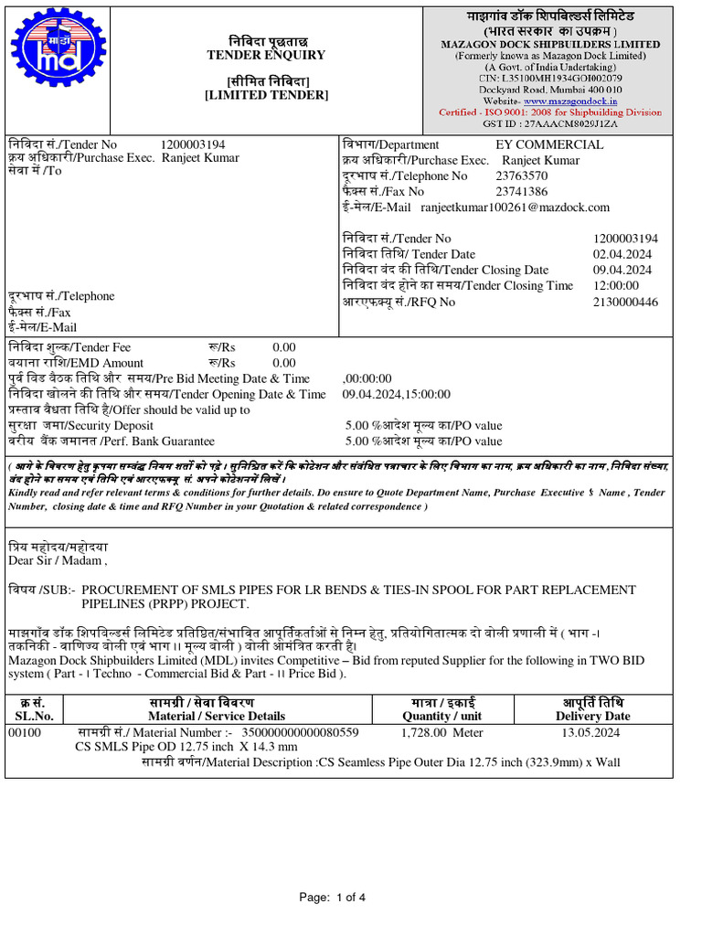 Tender for SMLS Pipes Supply | PDF | Invoice | Taxes