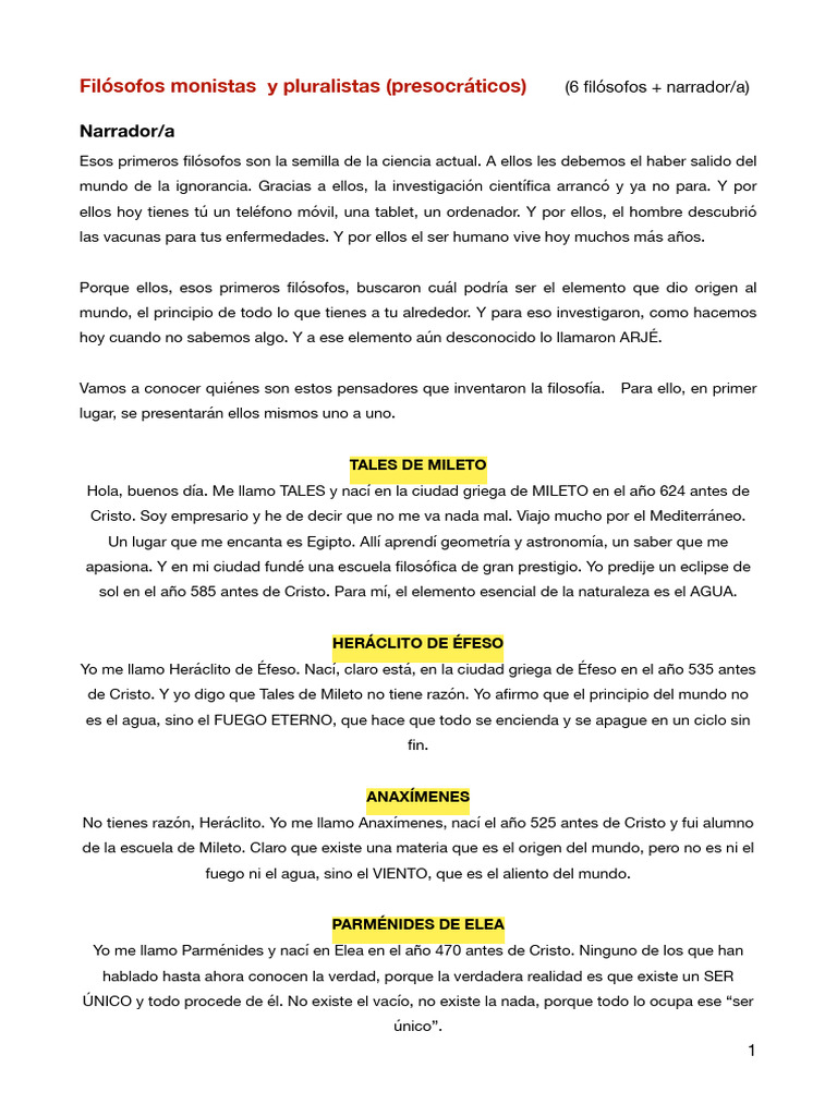 Filósofos Presocráticos: Monistas y Pluralistas | PDF | Agua ...