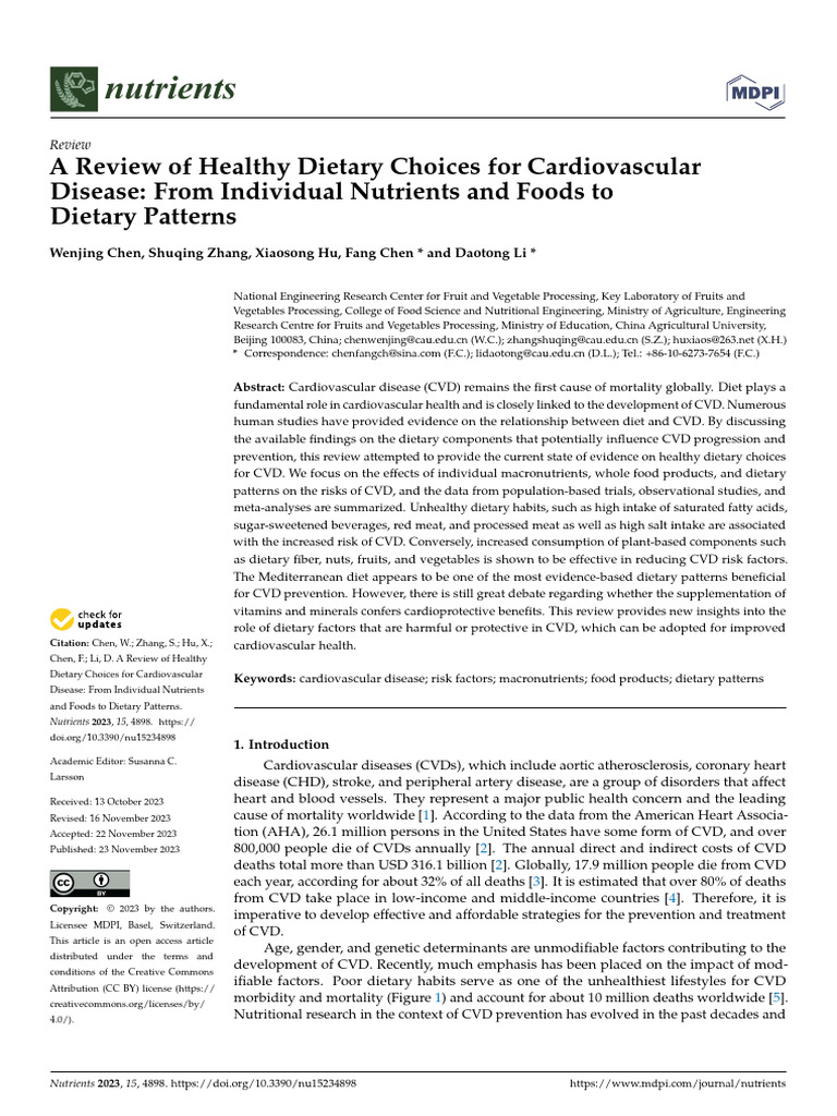 Nutrients A Review of Healthy Dietary Choices for Cardiovascular | PDF ...