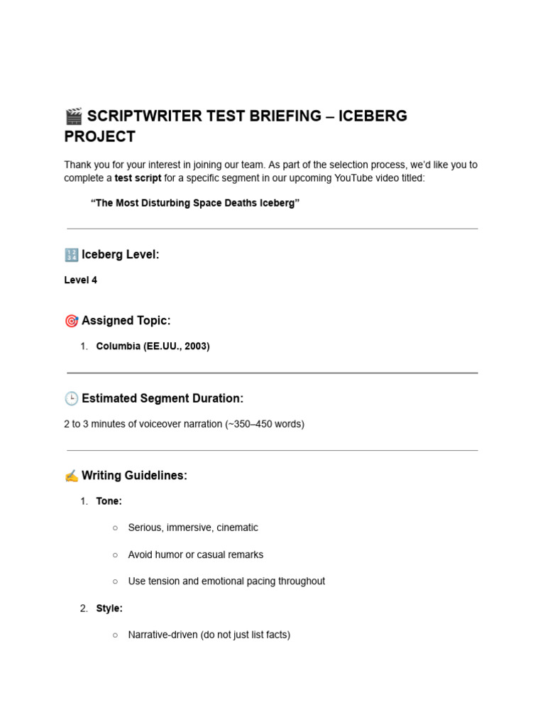 ? Scriptwriter Test Briefing - Iceberg Project | PDF