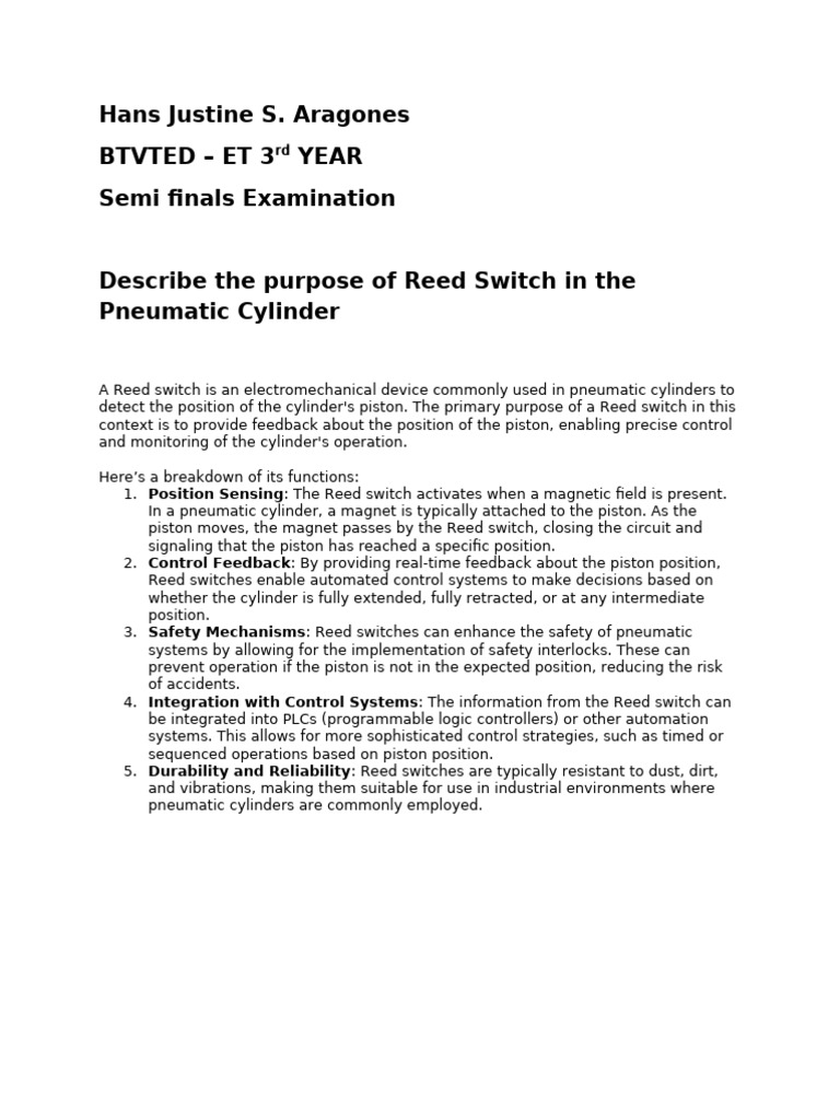 Reed Switch Functions in Pneumatic Cylinders | PDF