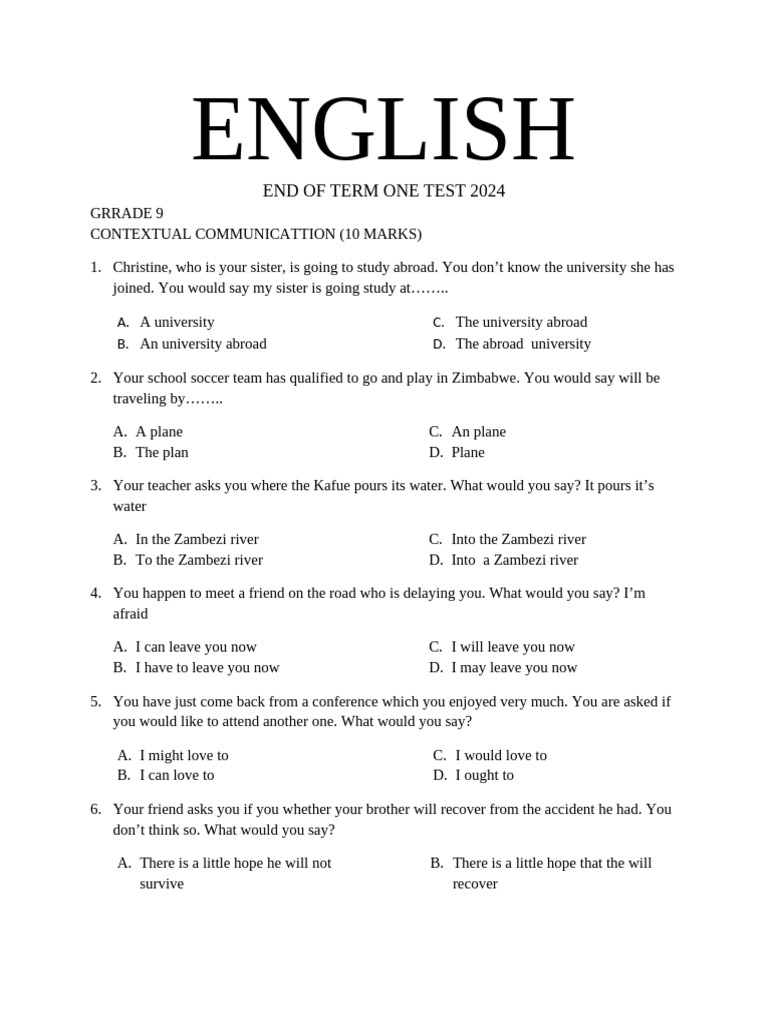 Grade 9 English End of Term Test | PDF | Adolescence | Behavioural Sciences