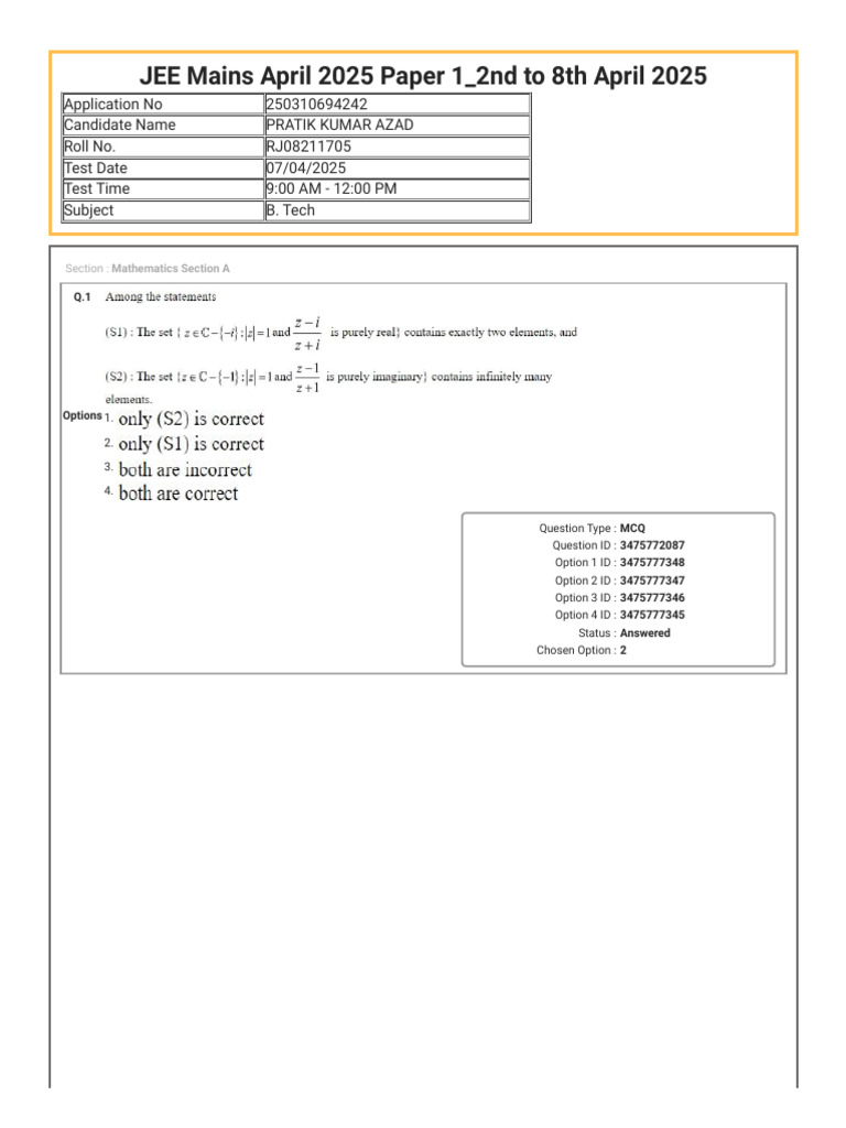 JEE Mains April 2025 Paper 1 - 2nd To 8th April 2025 | PDF | Multiple ...