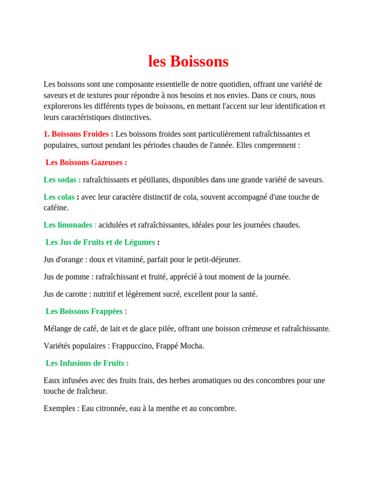 Types et Services des Boissons | PDF | Boisson | Smoothie