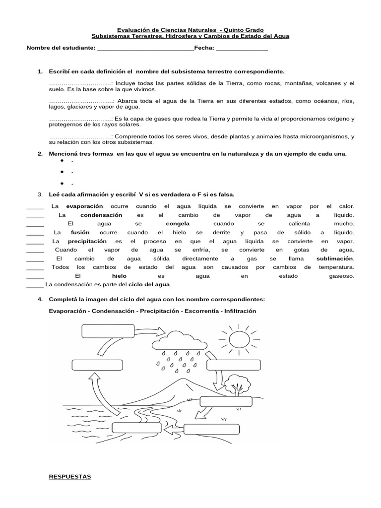 Evaluación sobre la Hidrosfera 5to Grado | PDF | Agua | Vapor de agua