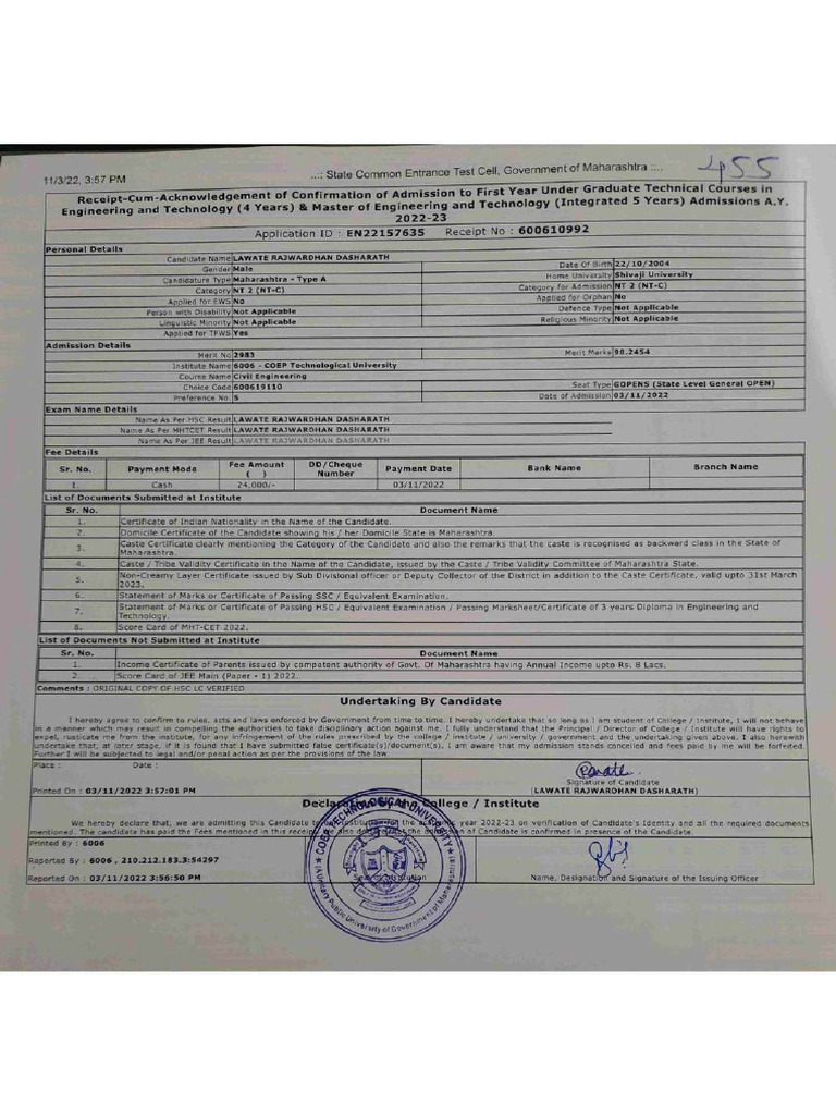 Coep Admission Confirmation Receipt - Copy-Compressed | PDF