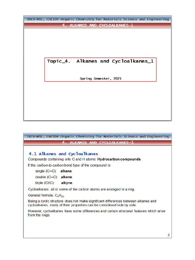 Lecture Notes (MSE104 - 4 - Alkanes and Cycloalkanes - 1) | PDF
