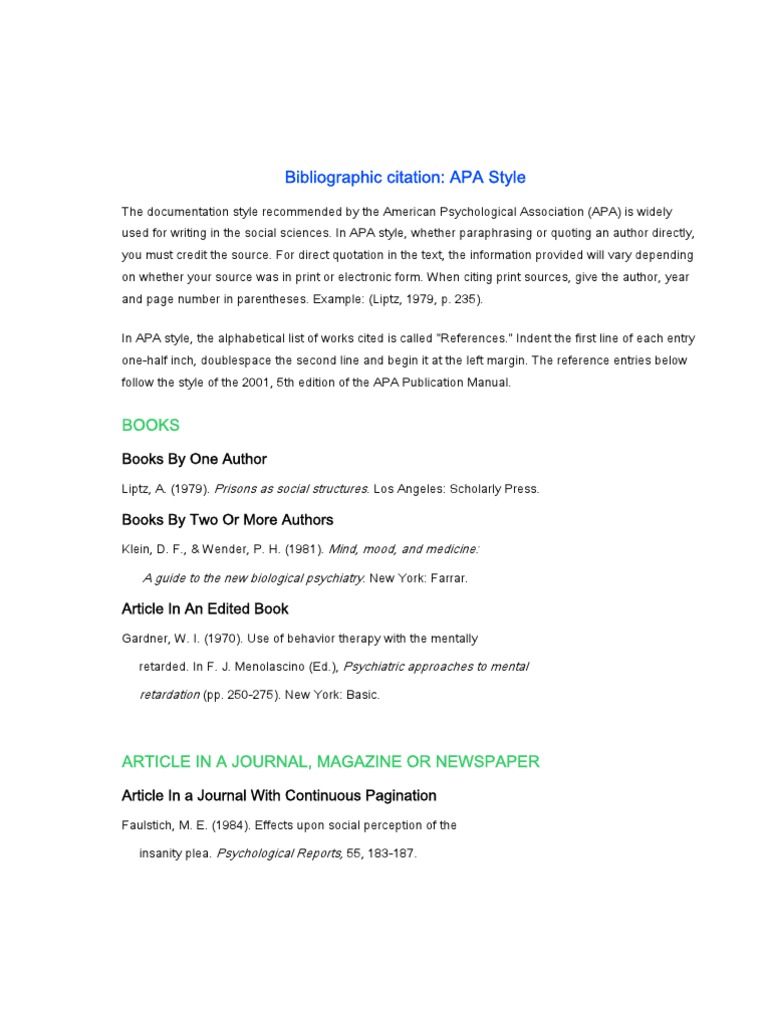 Bibliographic Citation APA Style Citation Apa Style