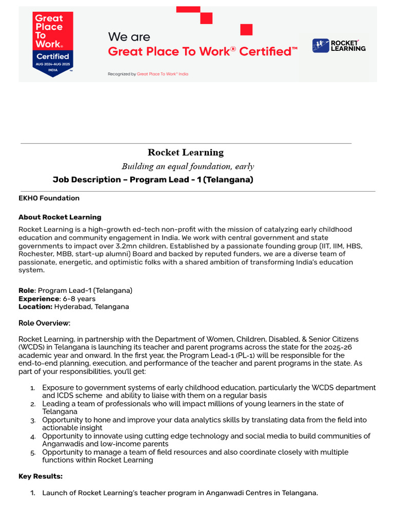 Program Lead Job in Telangana - Rocket Learning | PDF | Cognition ...