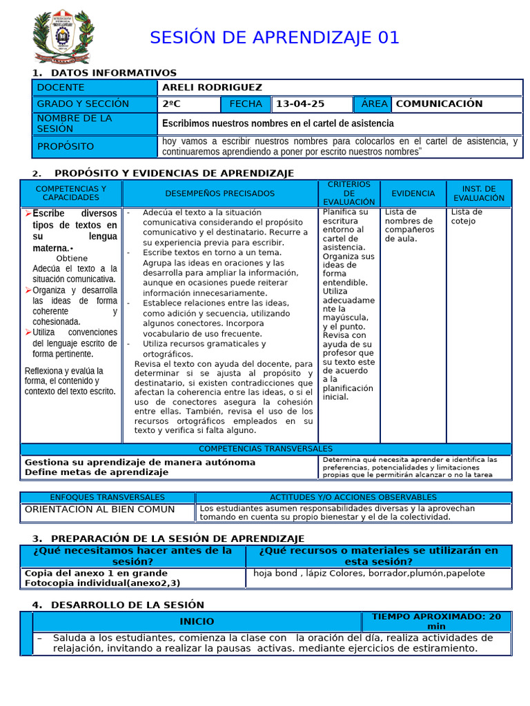 Escribimos Nombres en Cartel de Asistencia | PDF | Aprendizaje ...