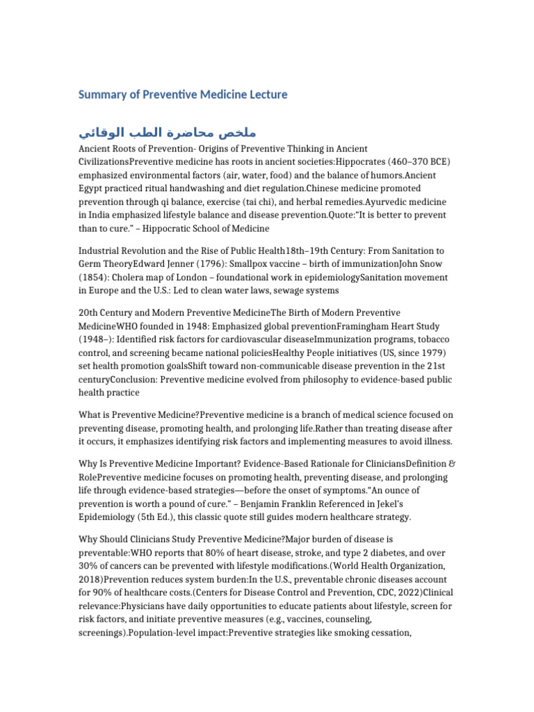 Preventive Medicine Summary | PDF | Preventive Healthcare | Hygiene
