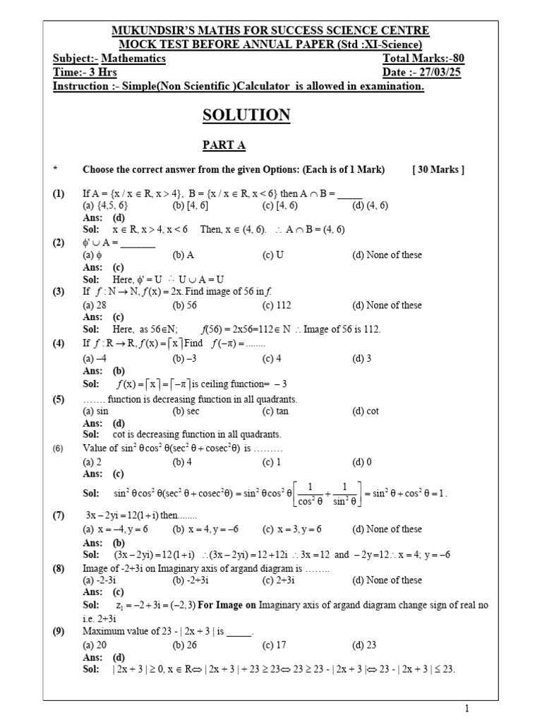 Mock Math Test for Std XI Science | PDF | Elementary Geometry ...