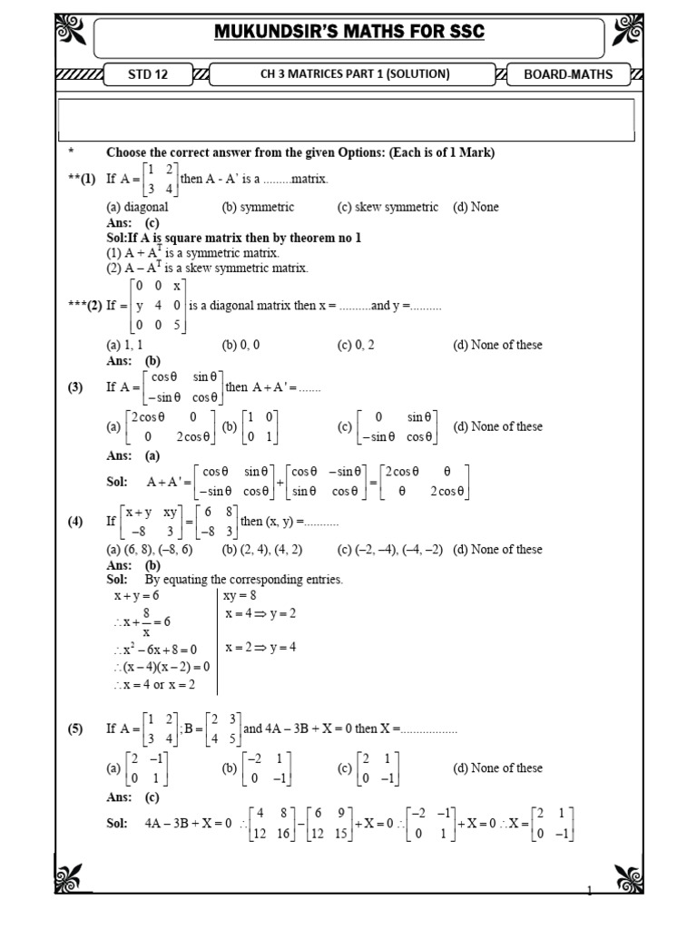 SOLN CH 3 Matrices Practice MCQs | PDF | Matrix (Mathematics) | Algebra