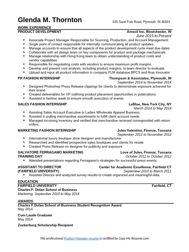 Product Manager Resume For Glenda Thornton Pdf Business Economics