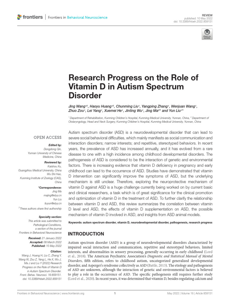 Research Progress On The Role of Vitamin D in Autism Spectrum Disorde ...