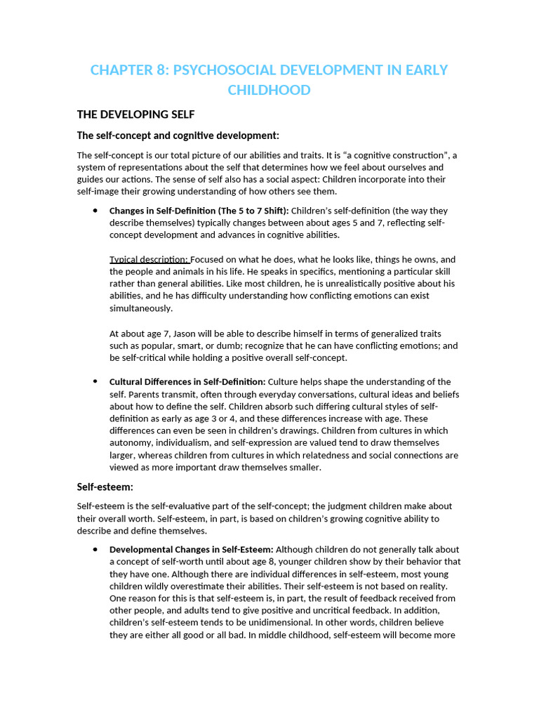 Early Childhood Psychosocial Development | PDF | Self Esteem | Self Concept