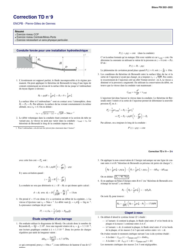 Bilans PSI 2021-2022 : Correction TD 9 | PDF | Dynamique (Mécanique ...