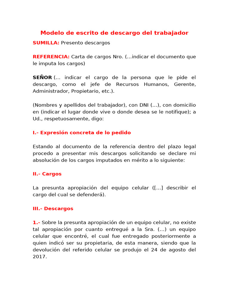 Modelo de descargo laboral por escrito | PDF