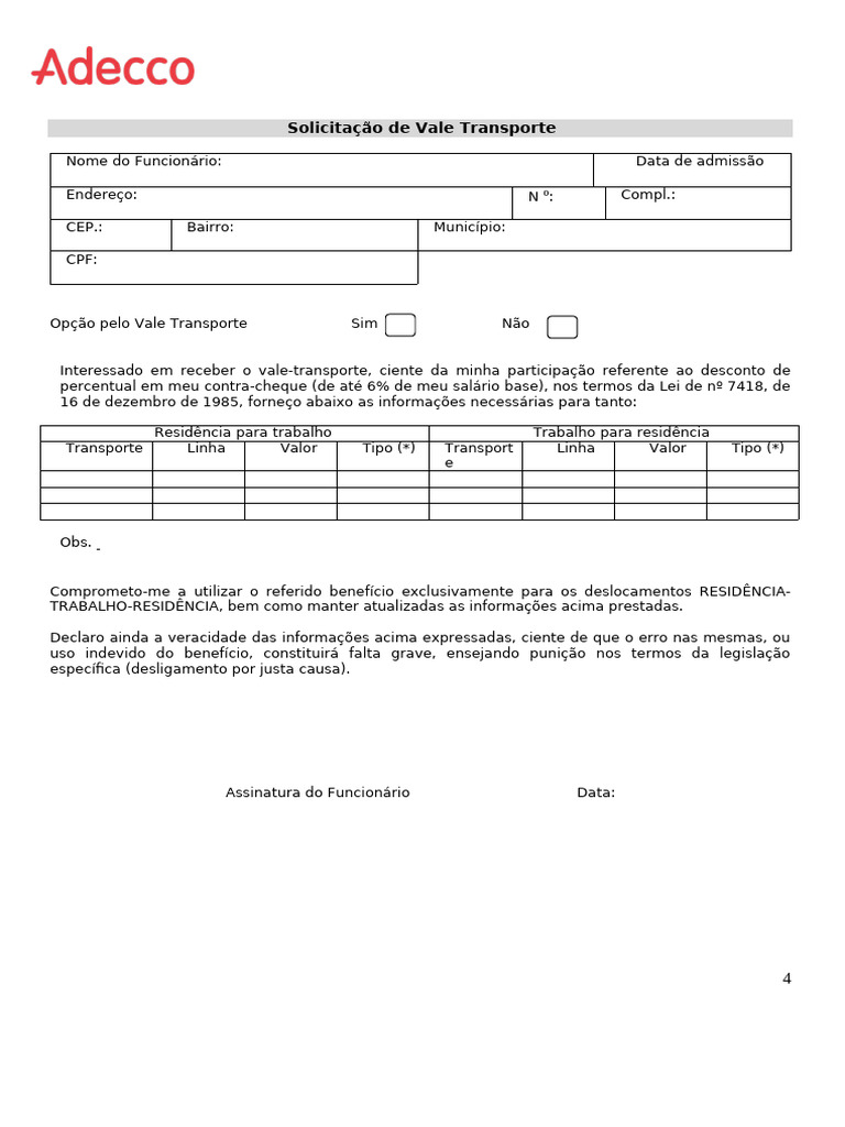 Solicitação de Vale Transporte | PDF