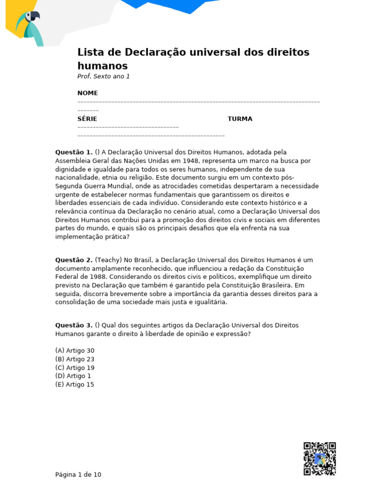 Lista de Declarao universal dos direitos humanos (1) | PDF | Direitos ...