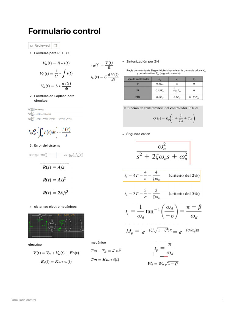 Formulas de Control para Sistemas Electromecánicos | PDF