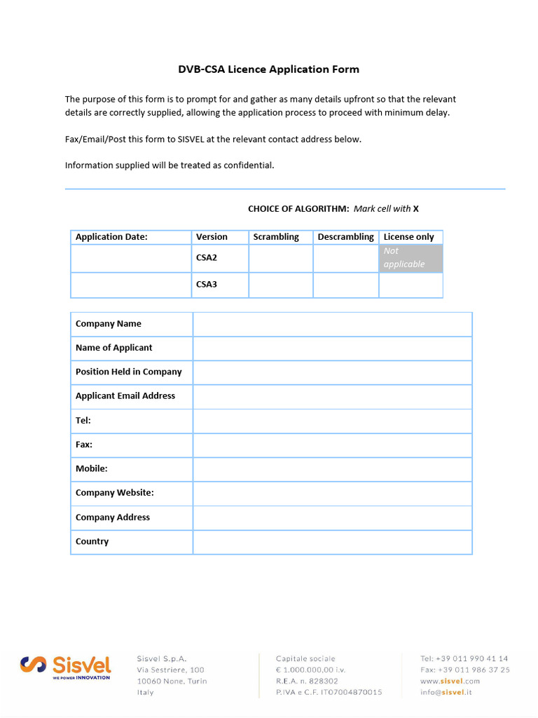DVB-CSA Licence Application Form Sisvel 2023-09-08 | PDF