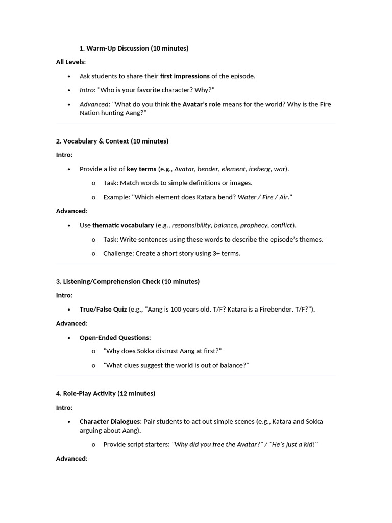 Avatar Episode Lesson Plan Activities | PDF | Cognitive Science | Cognition