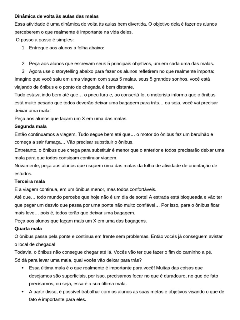 Dinâmica das 5 Malas na Volta às Aulas | PDF