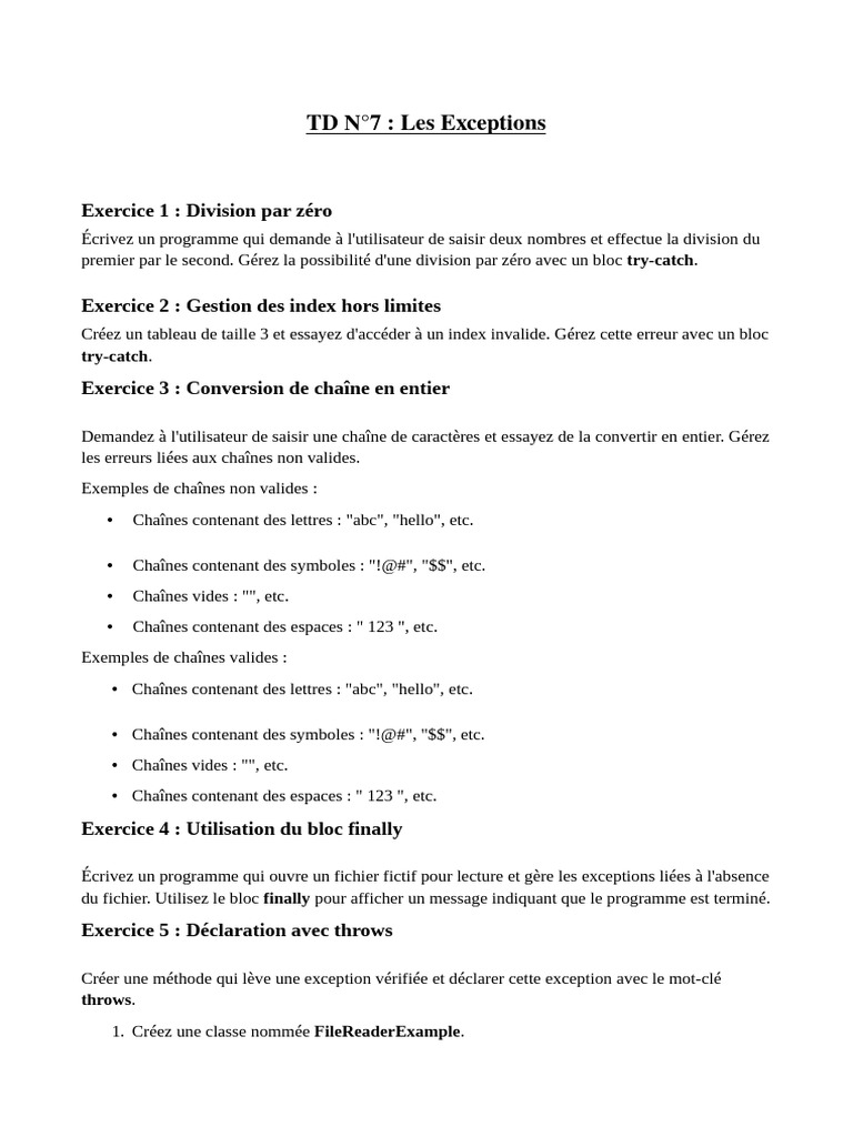 Gestion des Exceptions en Programmation | PDF