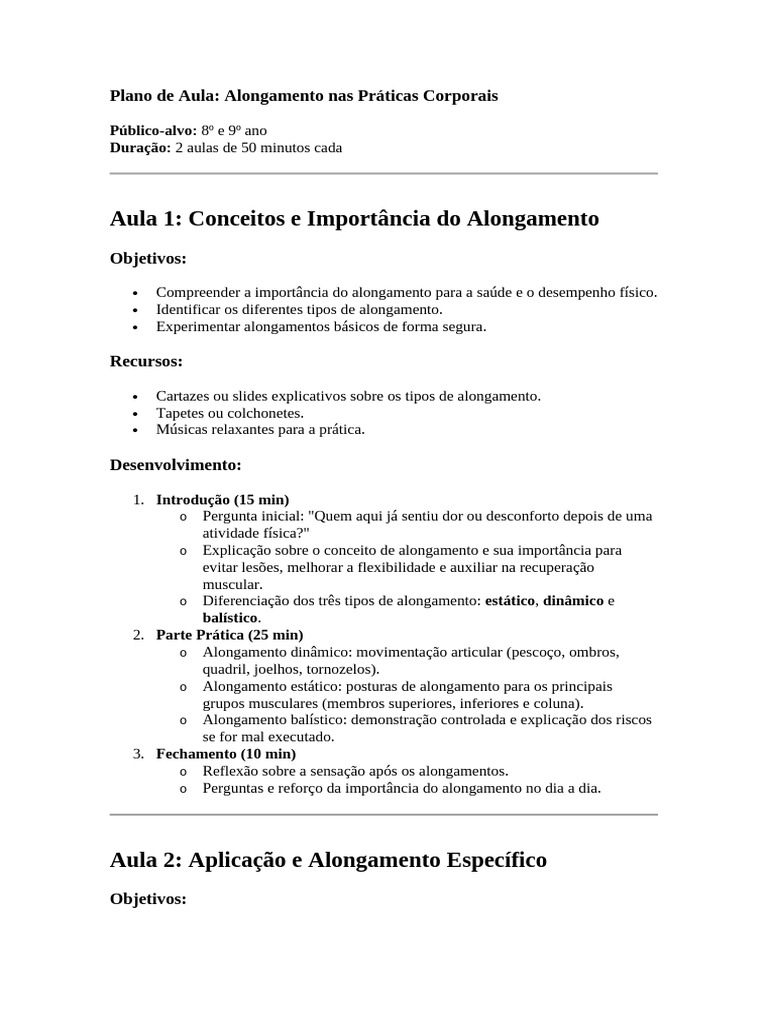 Plano de Aula: Alongamento e Flexibilidade | PDF