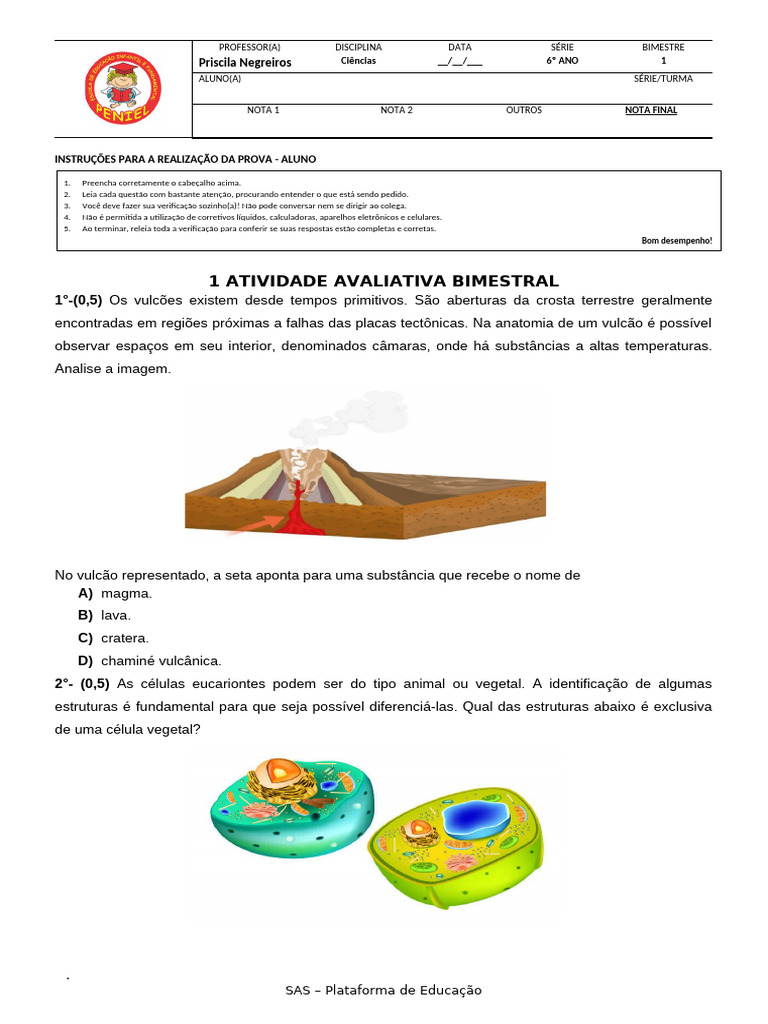 Prova de Ciências 6º Ano - 1º Bimestre | PDF | Vulcão | Terra