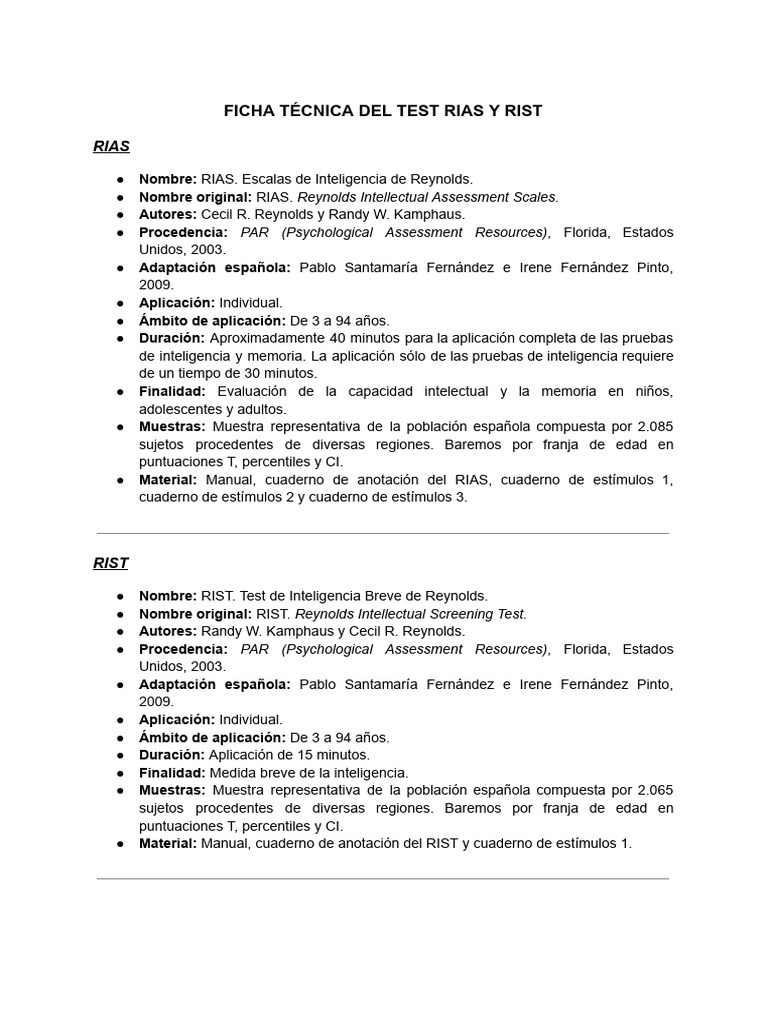 Ficha Técnica del Test RIAS y RIST | PDF