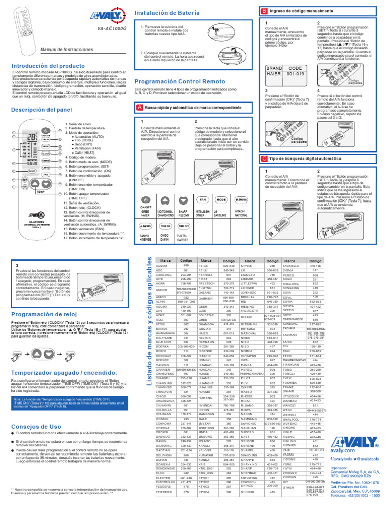 Códigos Control Remoto VA-AC1000G | PDF | Control remoto | Equipo