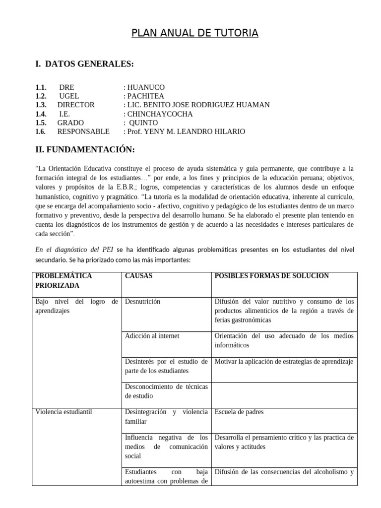 Plan Anual de Tutoría 2023 en Chinchaycocha | PDF | Aprendizaje ...