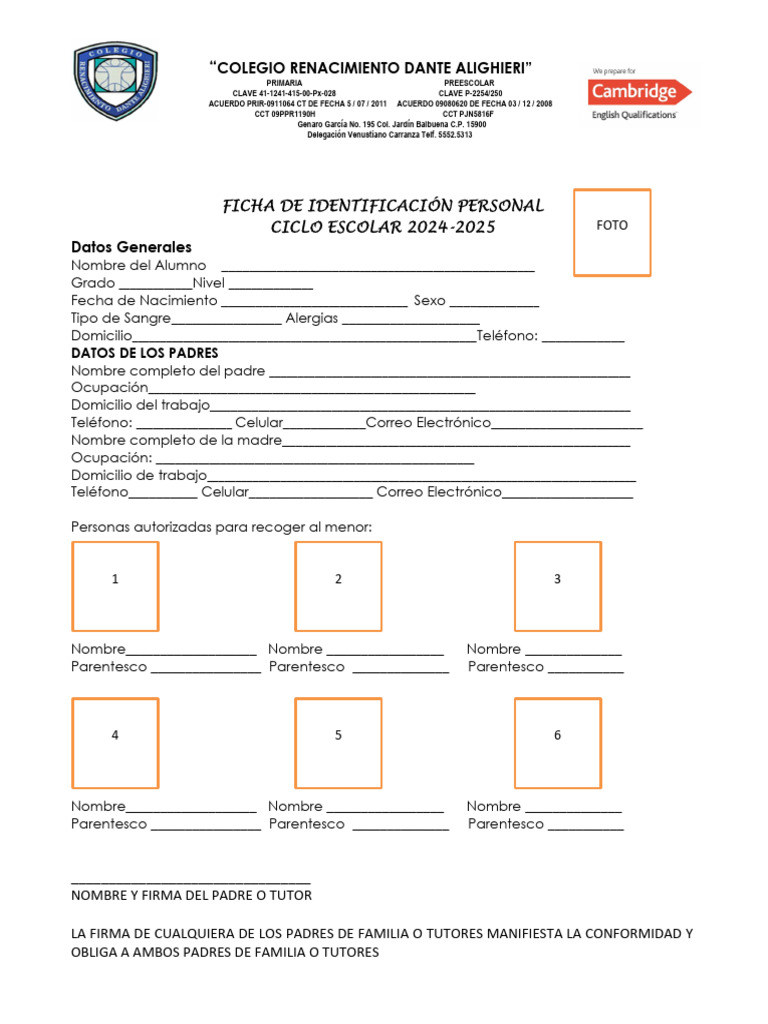 Ficha de Identificación Escolar 2024-2025 | PDF