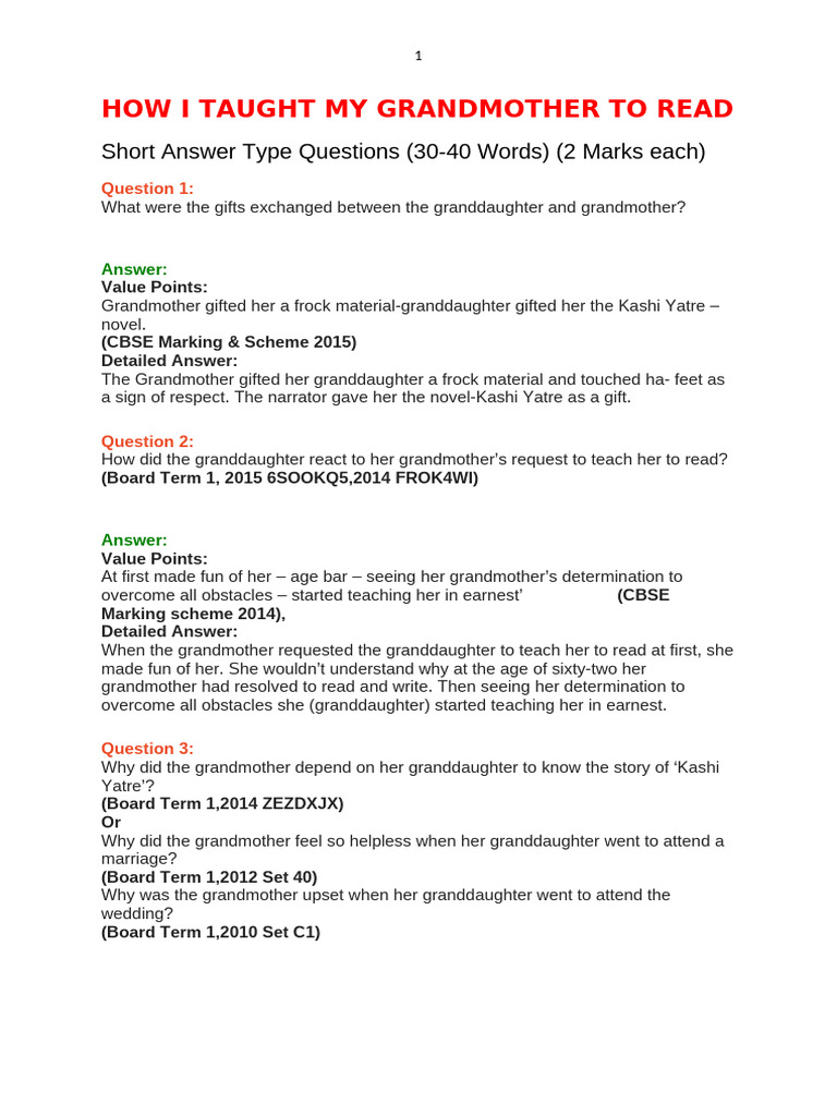 How I Taught My Grandmother To Read-Extra Questions | PDF | Literacy