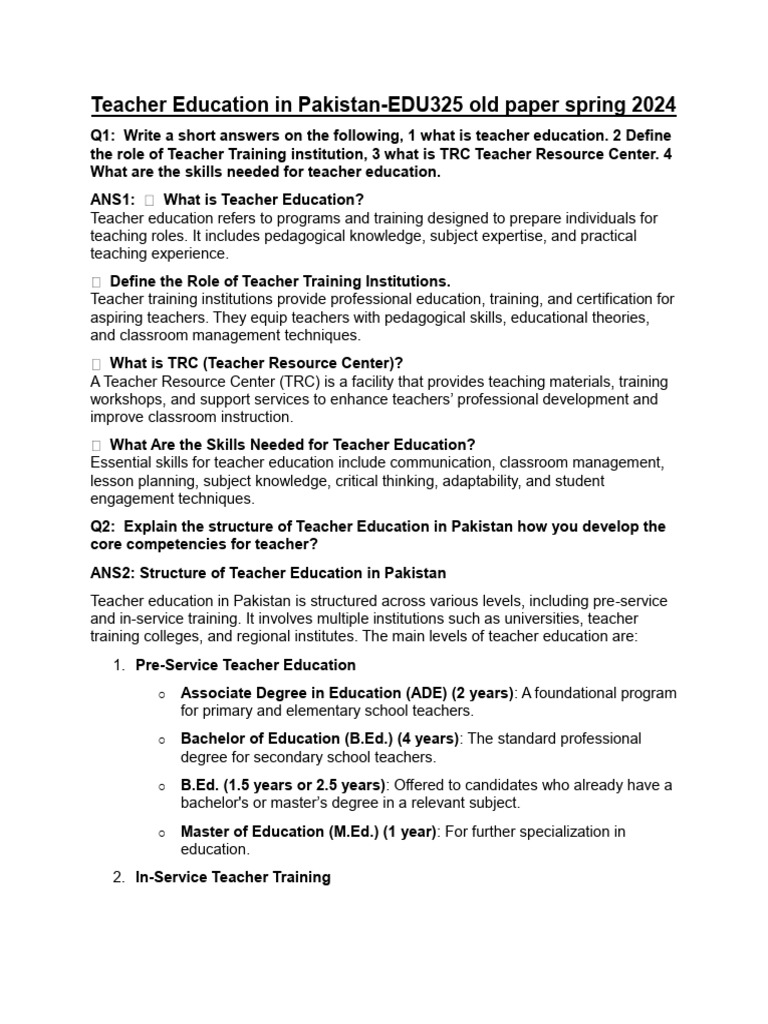 Teacher Education in Pakistan Old Paper Spring 2024 | PDF | Teacher ...