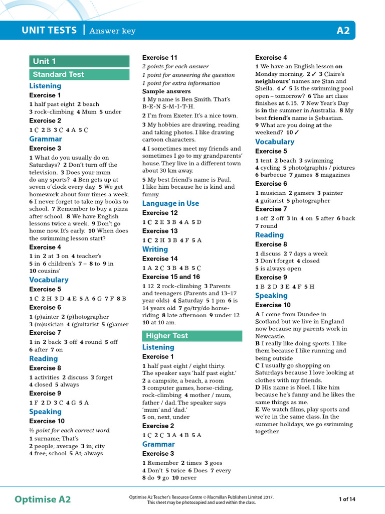 A2 Unit Tests Answer Key | PDF | Cooking | Cuisine