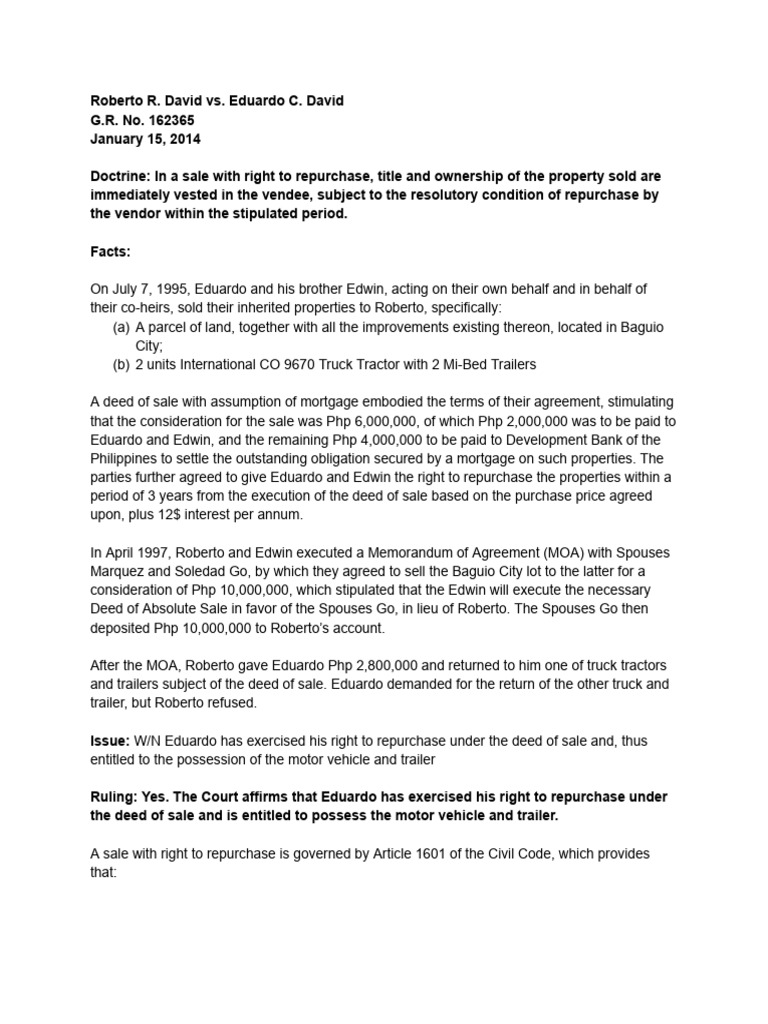 Eduardo David's Right to Repurchase | PDF | Repurchase Agreement ...