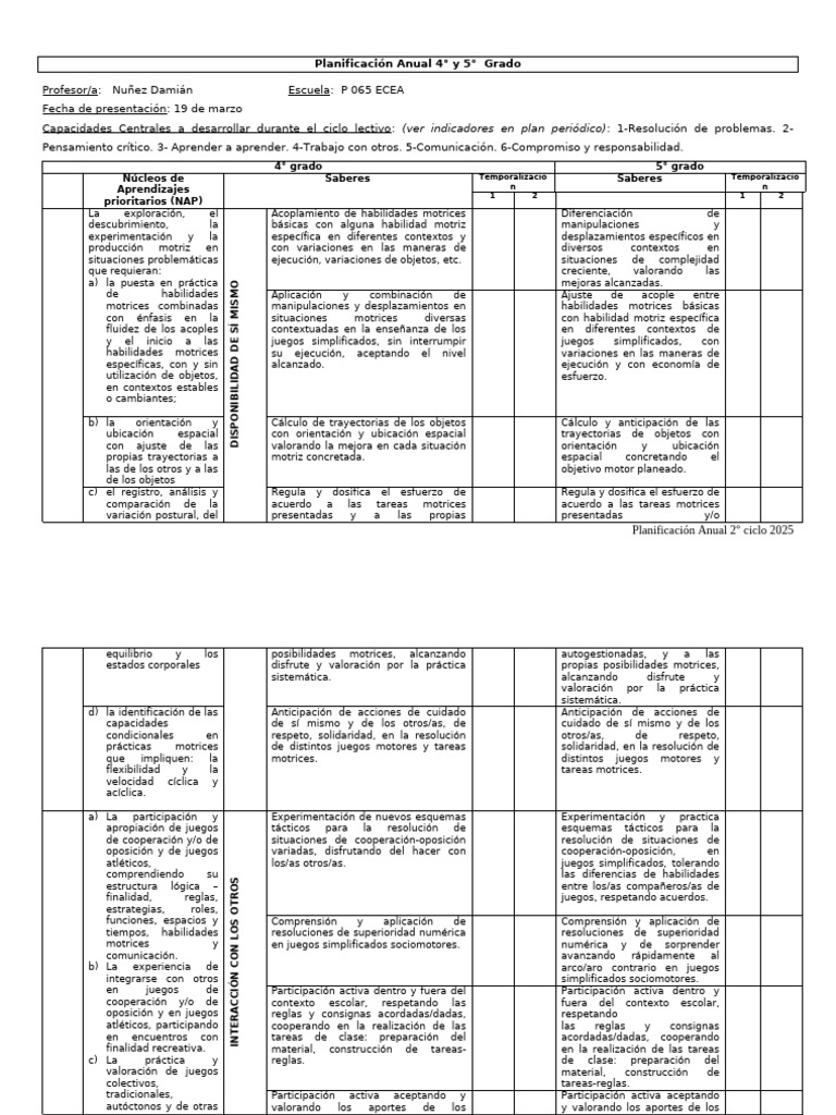 Planificación Anual 4° y 5° Grado 2025 | PDF | Conocimiento | Aprendizaje