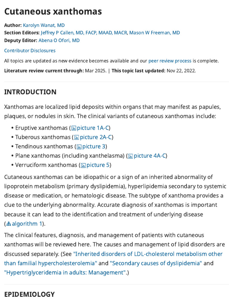 Overview of Cutaneous Xanthomas | PDF | Hypercholesterolemia | Low ...