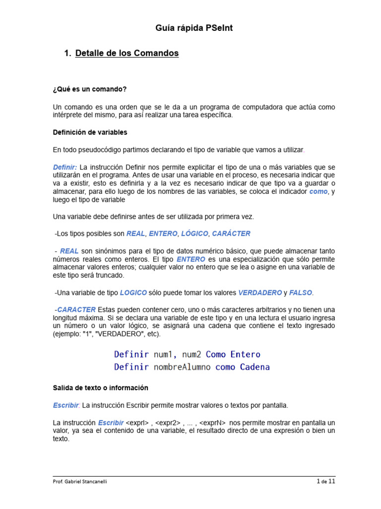 Guía rápida de comandos en PSeInt | PDF | Variable (informática ...