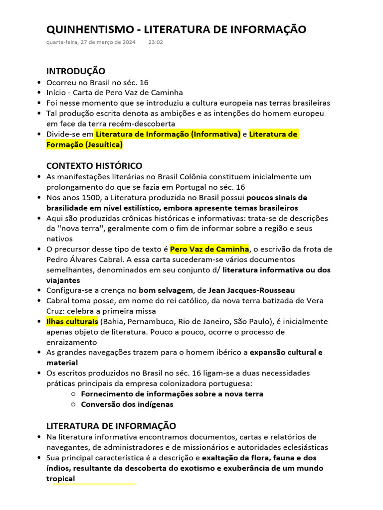 Quinhentismo - Literatura de Informação | PDF | Brasil | Portugal
